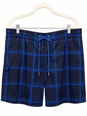 OP Men's Navy & Royal Blue Plaid Swim Trunks